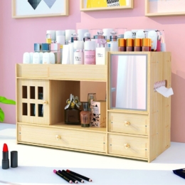 DIY organizér na kozmetiku so zrkadlom, dvierkami a 3 zásuvkami svetlé drevo/javor