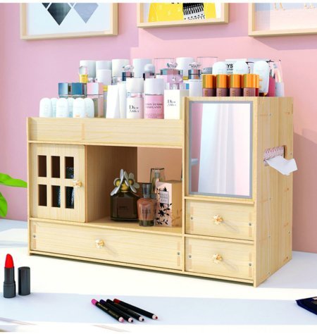 DIY organizér na kozmetiku so zrkadlom, dvierkami a 3 zásuvkami svetlé drevo/javor