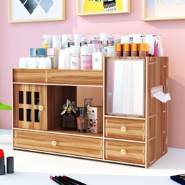 DIY organizér na kozmetiku so zrkadlom, dvierkami a 3 zásuvkami tmavé drevo/čerešňa