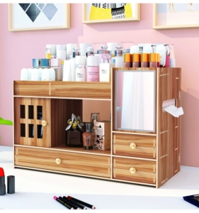 DIY organizér na kozmetiku so zrkadlom, dvierkami a 3 zásuvkami tmavé drevo/čerešňa