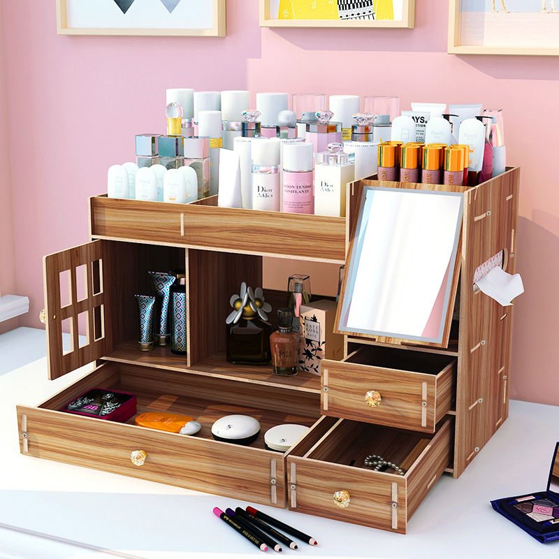 DIY organizér na kozmetiku so zrkadlom, dvierkami a 3 zásuvkami tmavé drevo/čerešňa otvorený
