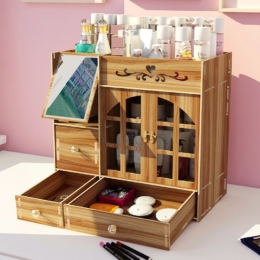 H03-DIY_skrinka-organizer_na_kozmetiku_so_zrkadlom_zasuvkami_tmave_drevo Drevená skrinka na kozmetiku s dvierkami, zrkadlom a zásuvkami H03 tmavé drevo