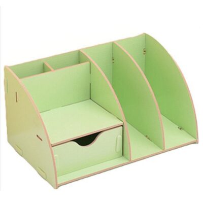 DIY drevený organizér na písacie potreby a dokumenty so zásuvkou zelená farba